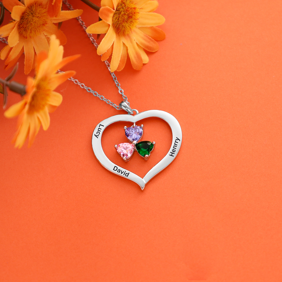 Personalised Heart Pendant Necklace with 4 Birthstones Engraved Names Family Necklace Gifts for Her-Jessemade AU