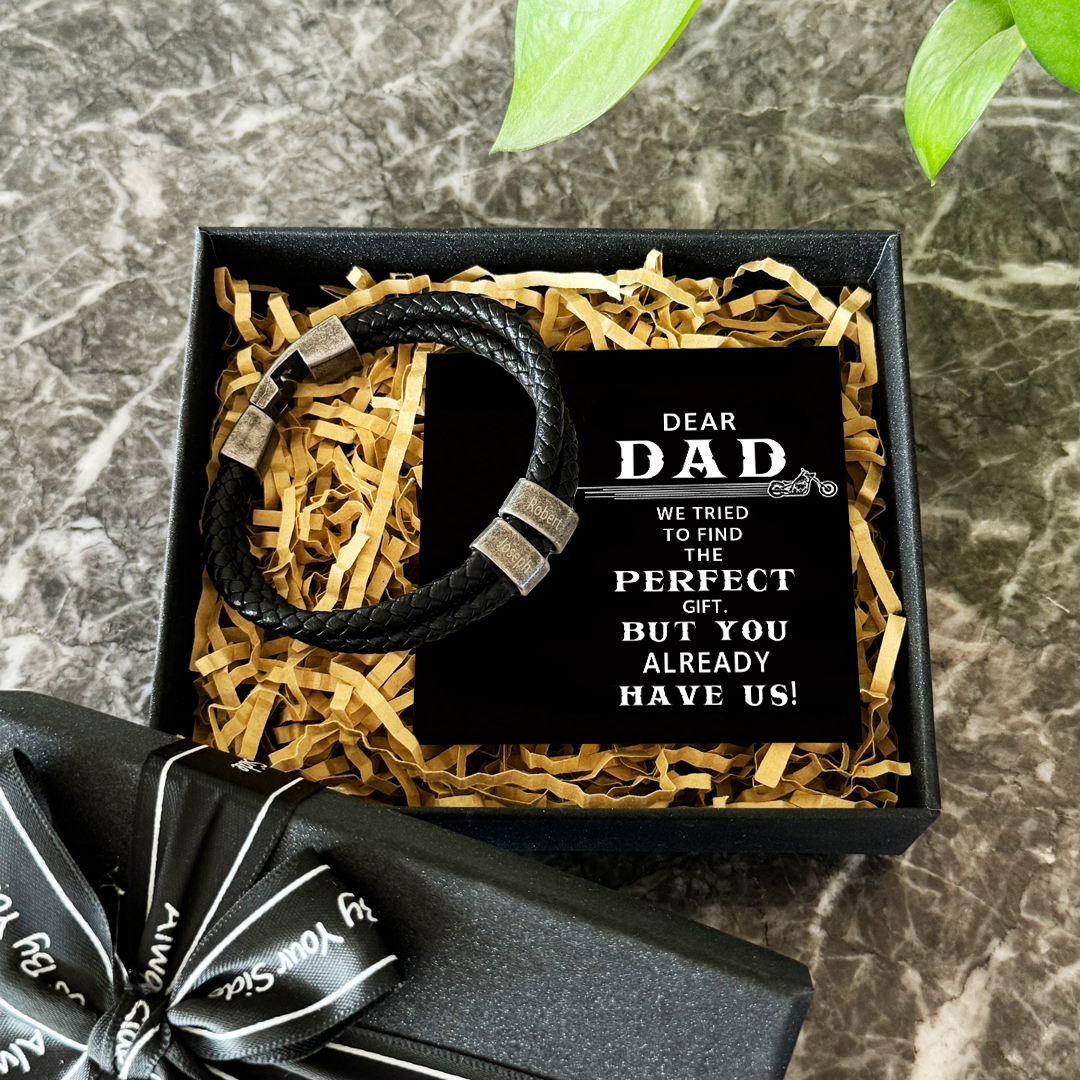 Personalised Men Leather Bracelet with 2 Names Beaded Wrap Vintage Bracelet for Dad-Jessemade AU