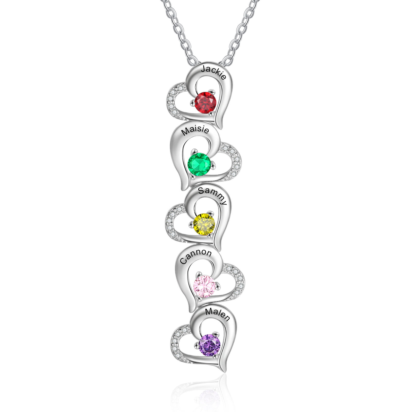 Personalised Heart Necklace With 5 Birthstones Engraved Names Gift For Her-Jessemade AU