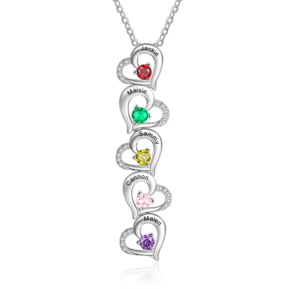 Personalised Heart Necklace With 5 Birthstones Engraved Names Gift For Her-Jessemade AU