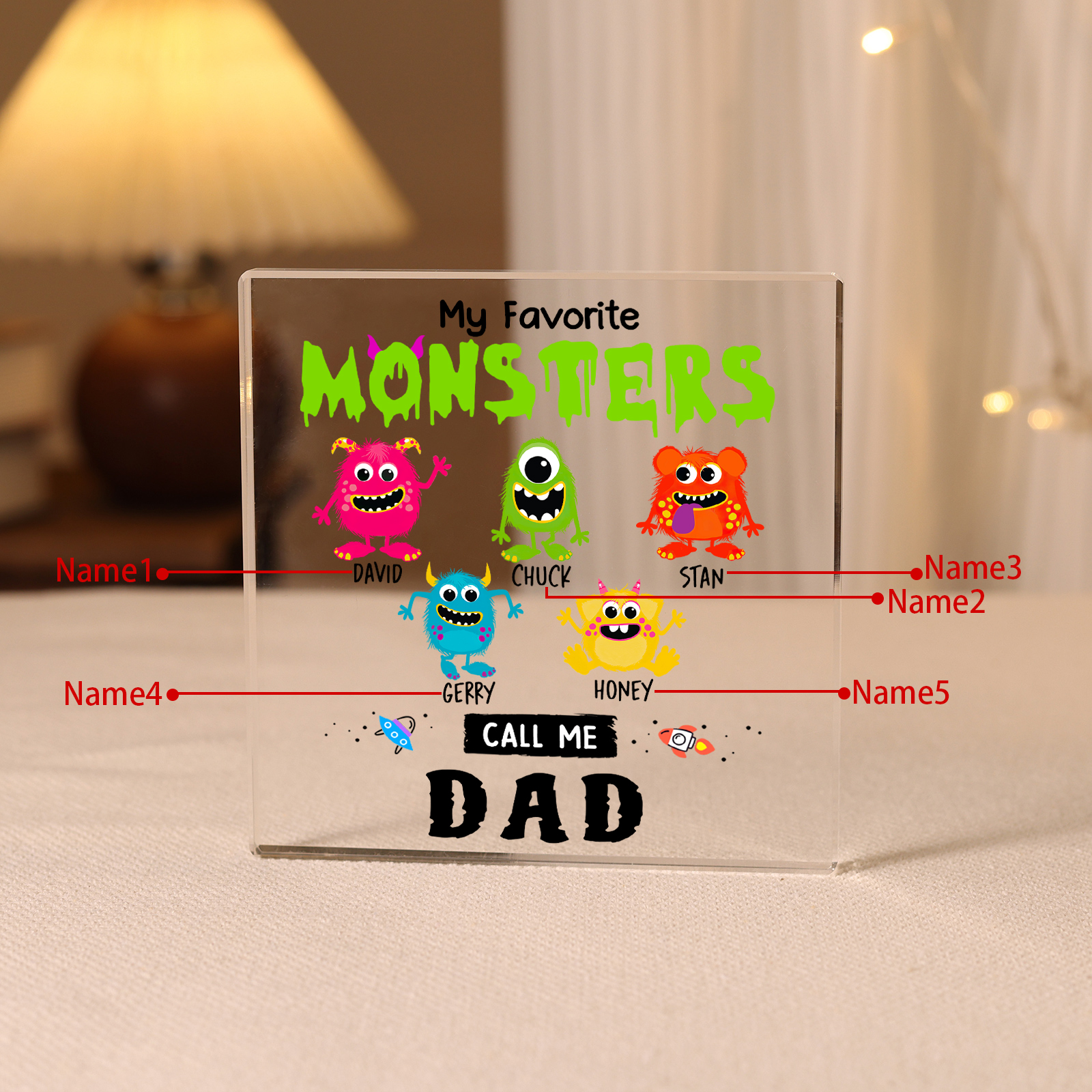 Personalised 5 Names Acrylic Square Keepsake Monster Rectangle Plaque Father's Day Gift - My Favorite Monsters Call Me Dad-Jessemade AU