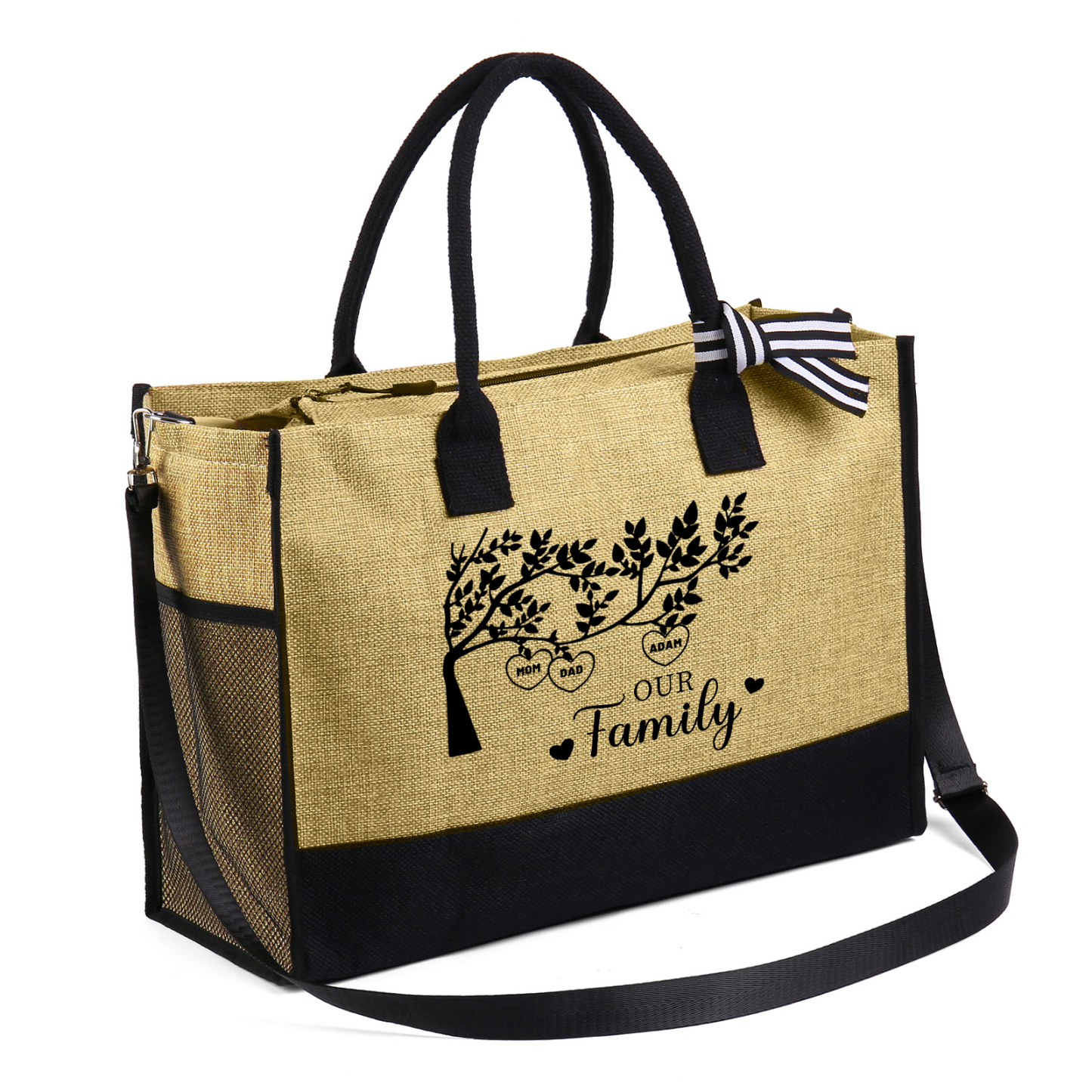 Personalised Family Tree Tote Bag Set Custom 3 Names & 1 Text Handbag Large Capacity Shoulder Bag Shopping Bag Zipper Bag Gift for Mother/Grandma-Jessemade AU