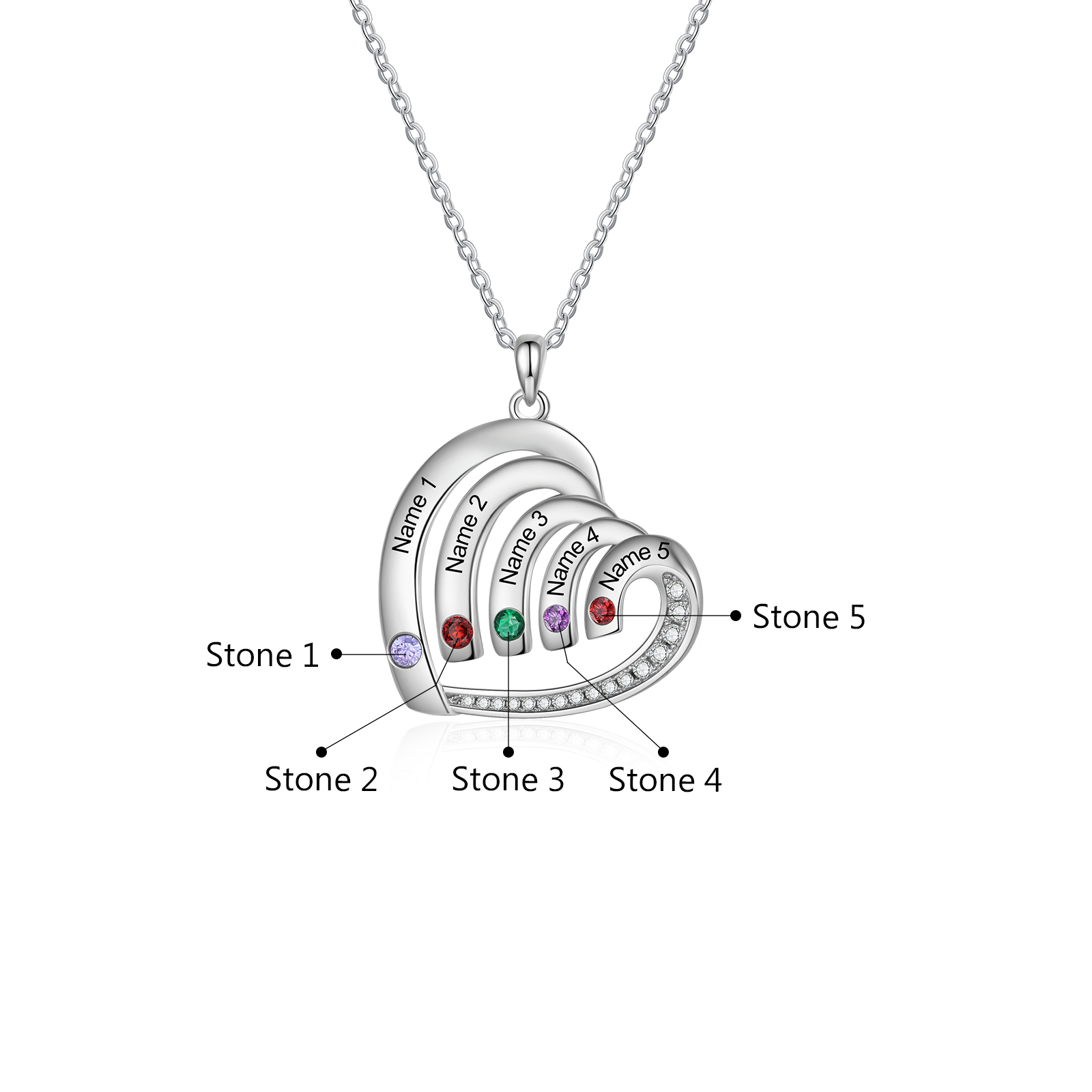 Personalised Heart Pendant Necklace Custom 5 Birthstones & 5 Names Necklace Gifts for Her-Jessemade AU