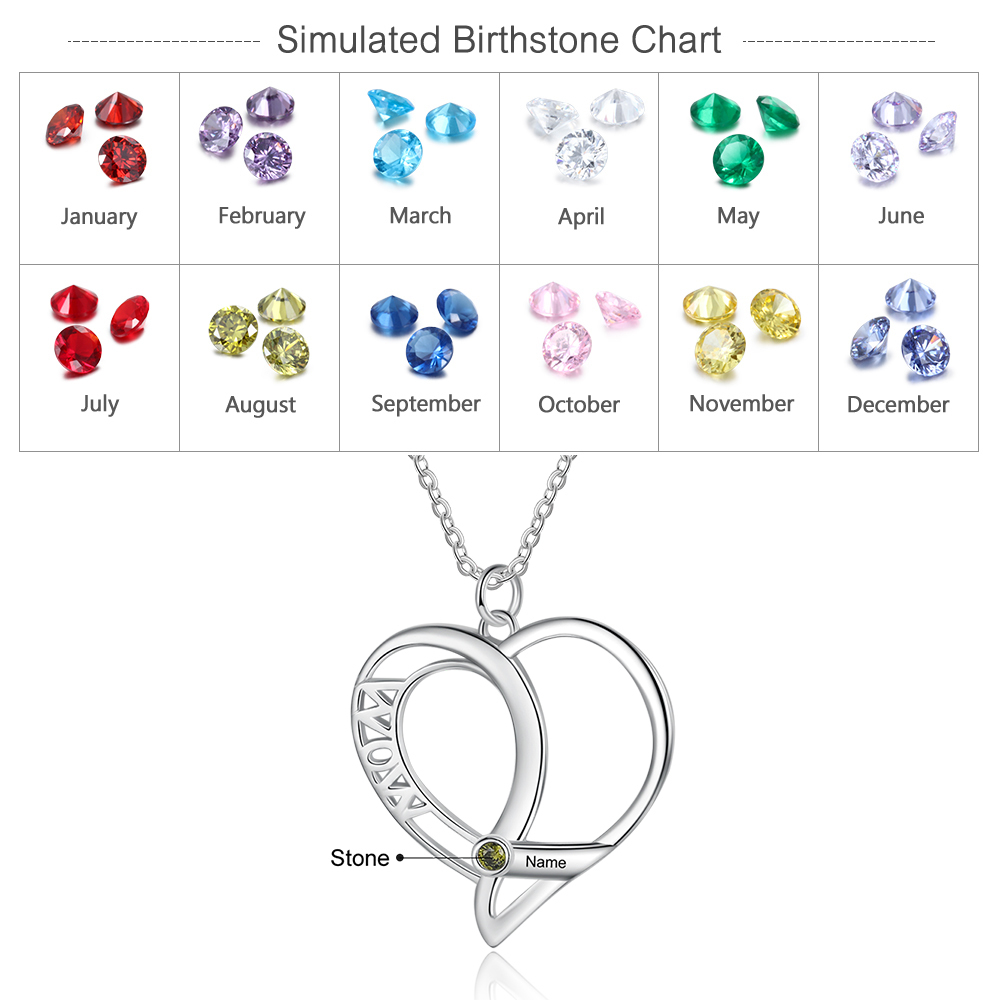 Personalised Heart Necklace With 1 Birthstone Engraved Names Gift For Mother-Jessemade AU