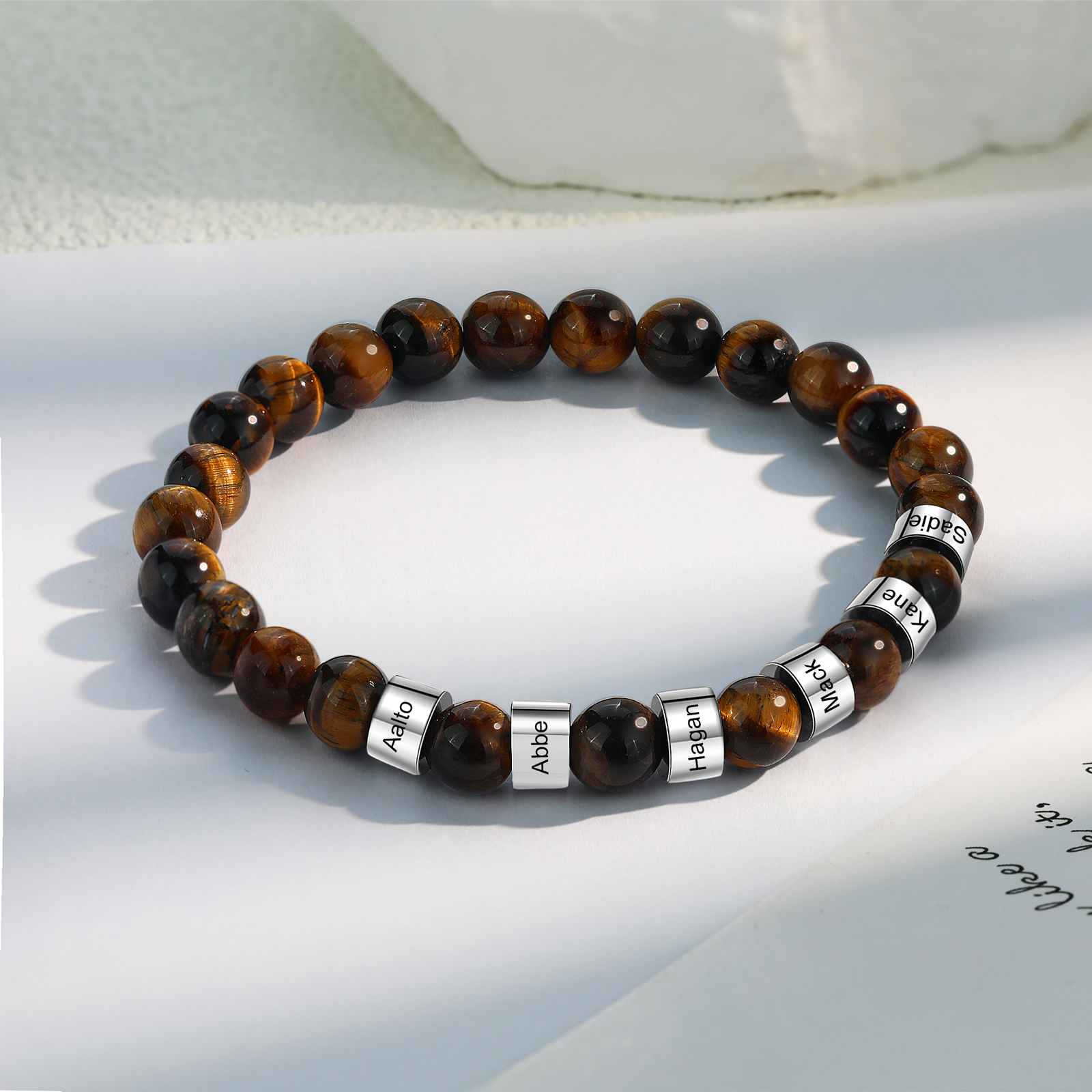 Brown Tiger Eye Bracelet Personalised Men's 6 Names Bracelet Gift For him-Jessemade AU