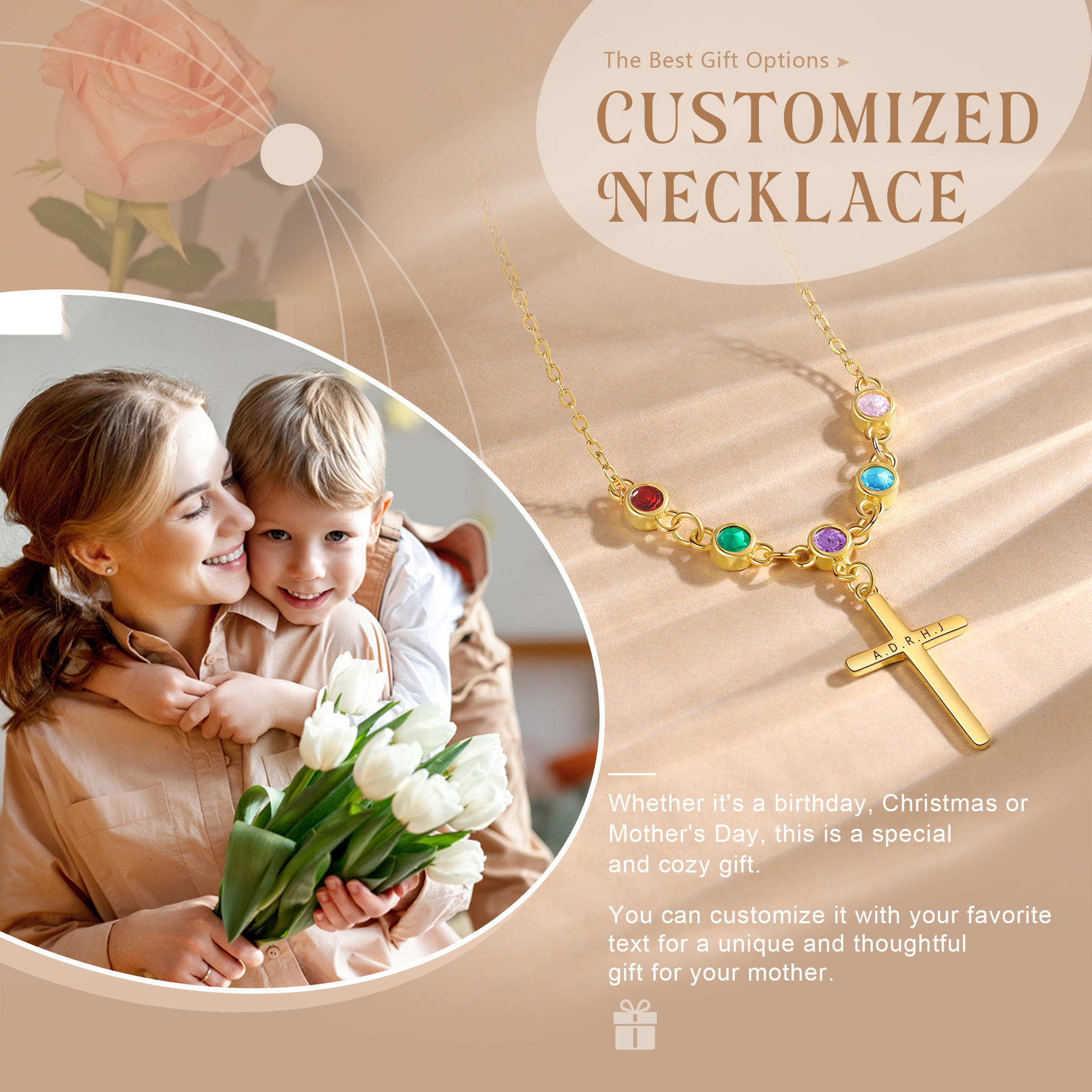 Personalised Cross Pendant Necklace Custom 5 Birthstones & 1 Text Necklace Birthday Gift for Her-Jessemade AU