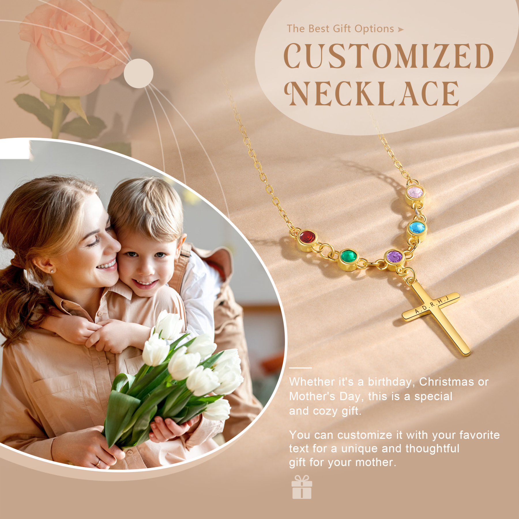 Personalised Cross Pendant Necklace Custom 5 Birthstones & 1 Text Necklace Birthday Gift for Her-Jessemade AU