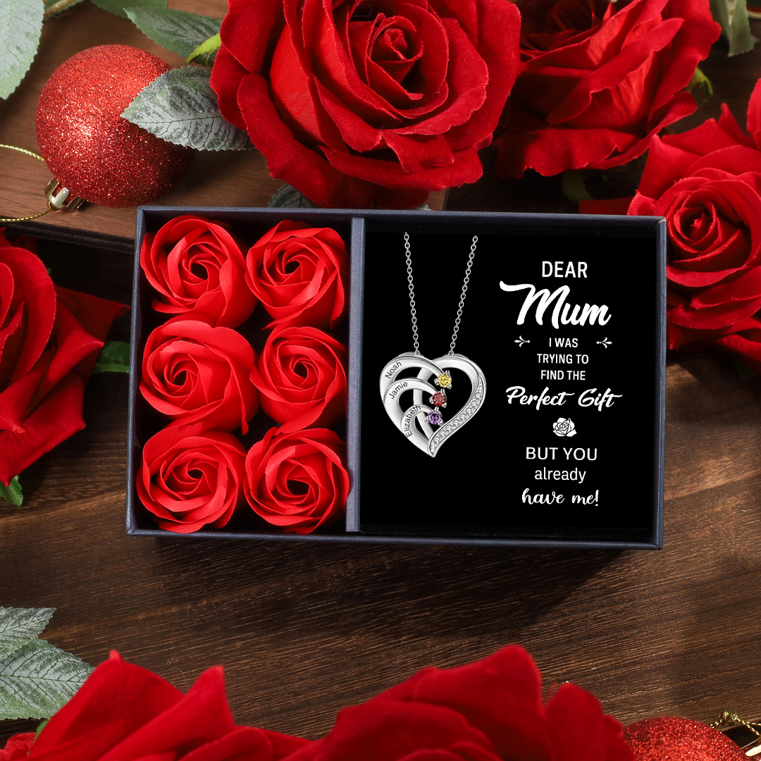Personalised Mother Necklace Engraved 3 Names 3 Birthstone Intertwined Heart Pendant