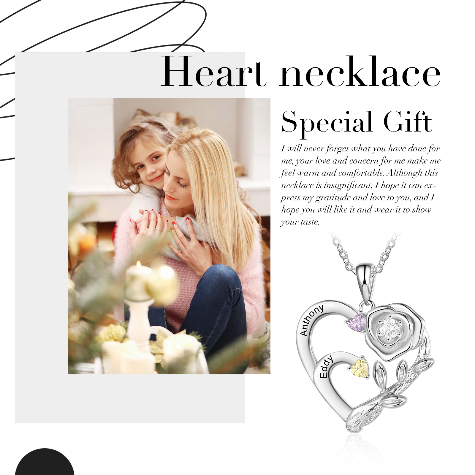 Personalised Rose Heart Necklace Custom 2 Names & Birthstones Mother Necklace-Jessemade AU