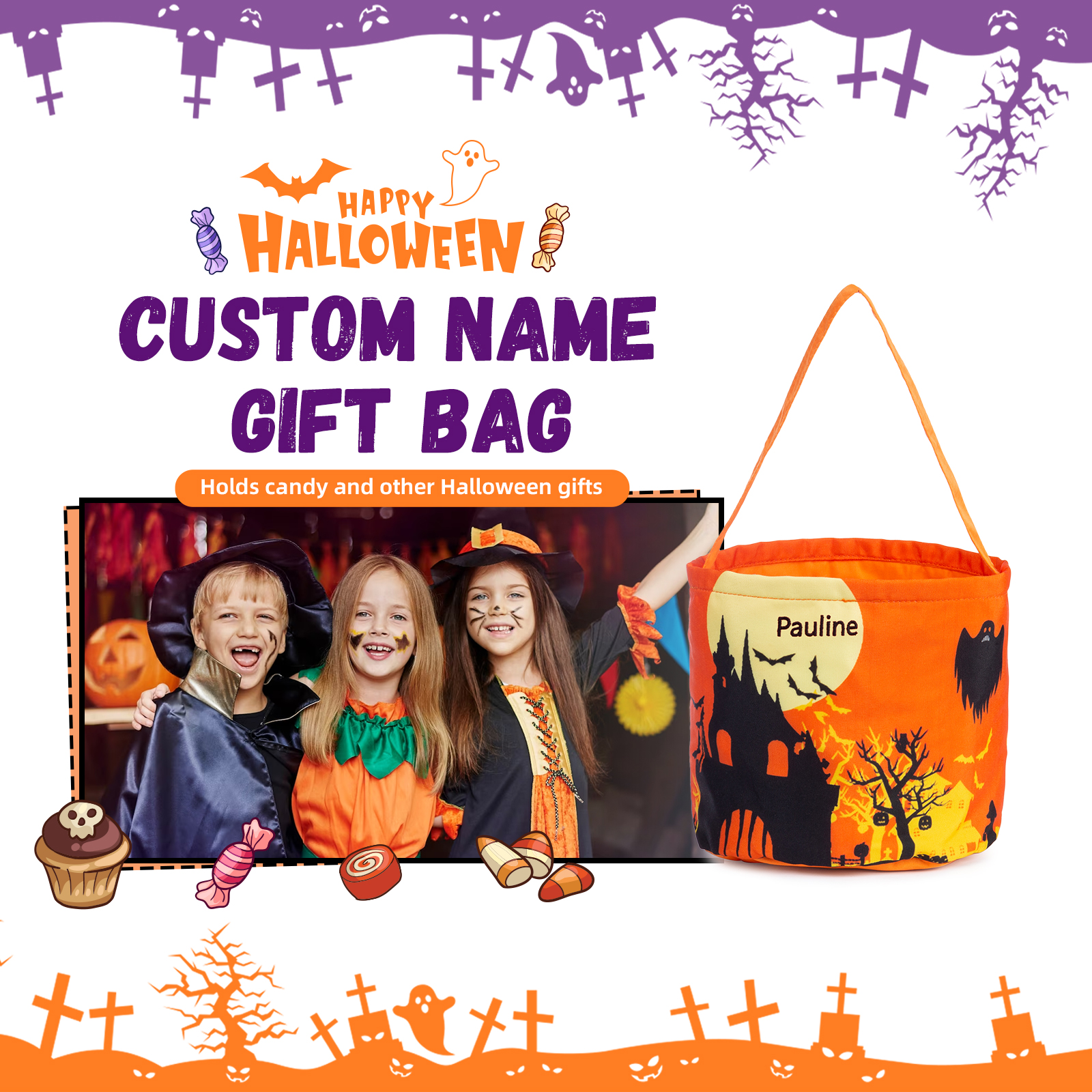 Halloween Luminous Tote Bag Engraved 1 Name Tote Bag Candy Gift Bag-Jessemade AU