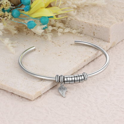 Women Bangle Bracelet with Leaf and Beads Engraved 4 Names Rose Gifts for Mother-Jessemade AU