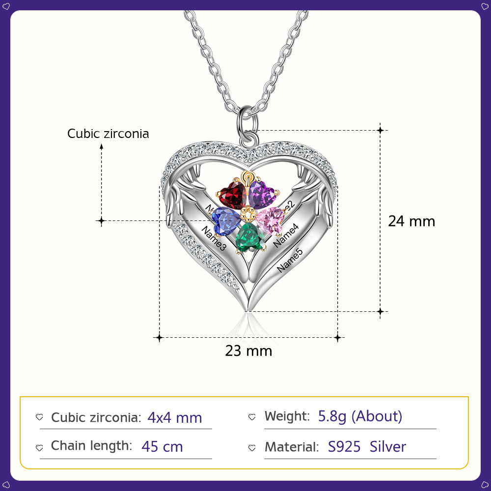 Personalised Wings Necklace With 5 Heart Birthstones Engraved Names Gift For Women-Jessemade AU