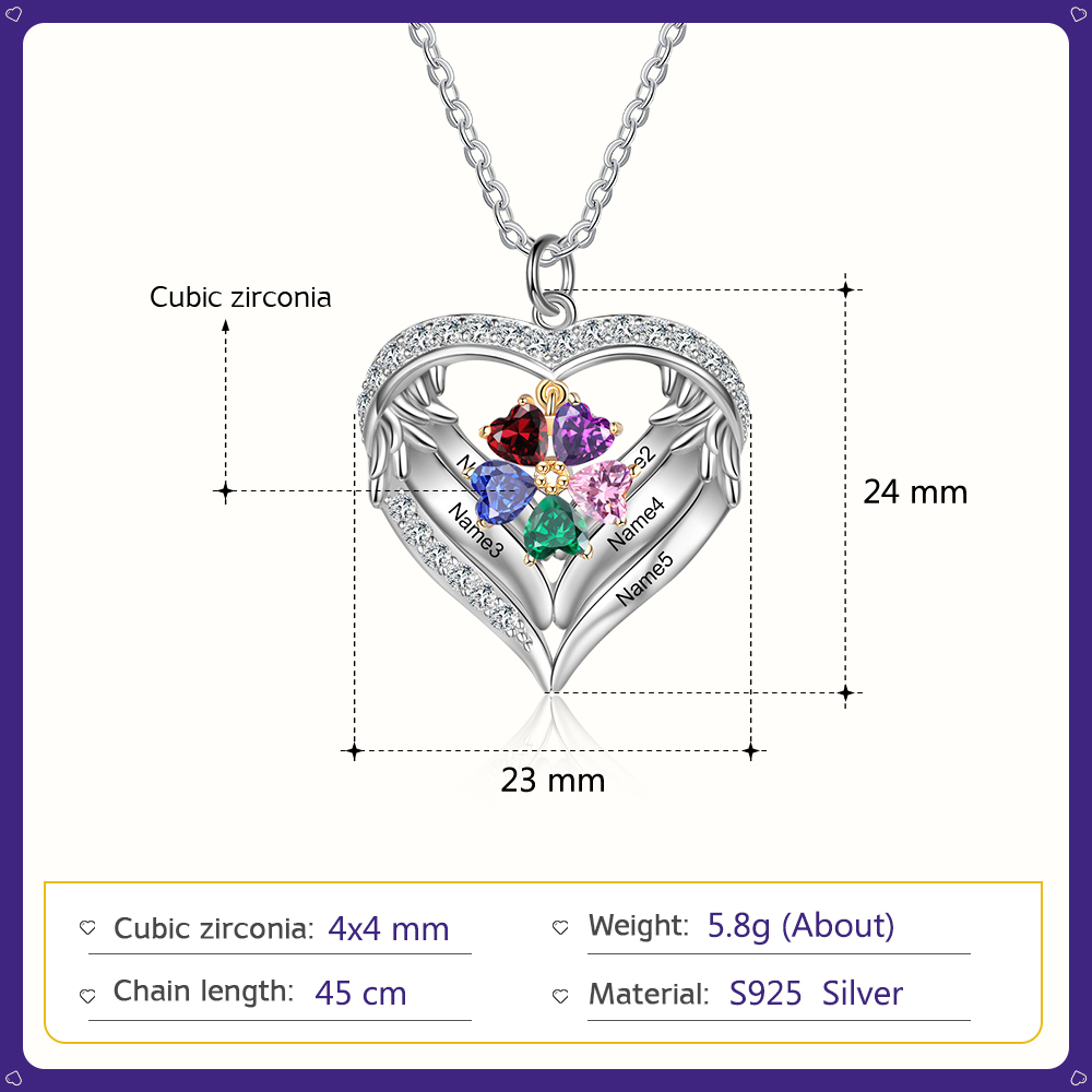 Personalised Wings Necklace With 5 Heart Birthstones Engraved Names Gift For Women-Jessemade AU