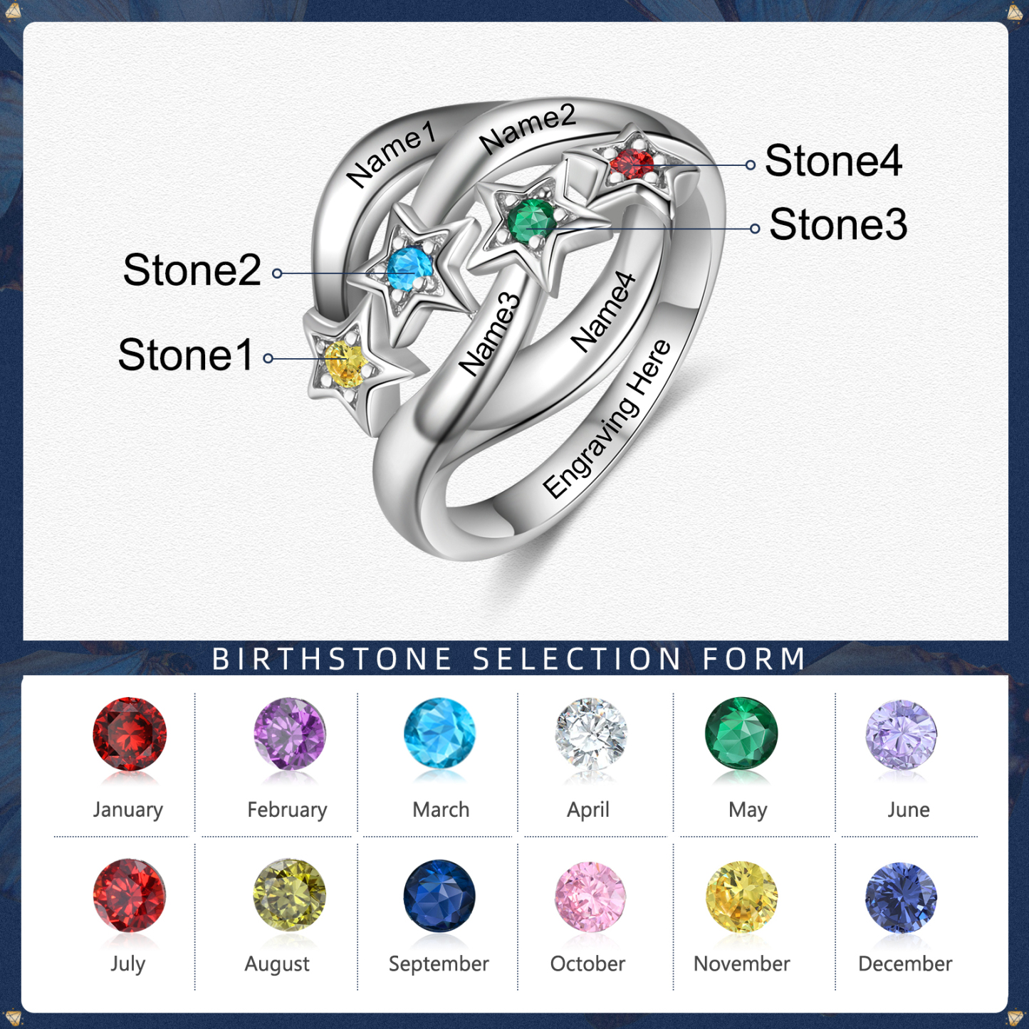 Personalised Star Ring With 4 Birthstones Engraved Names Ring Gift For Women-Jessemade AU