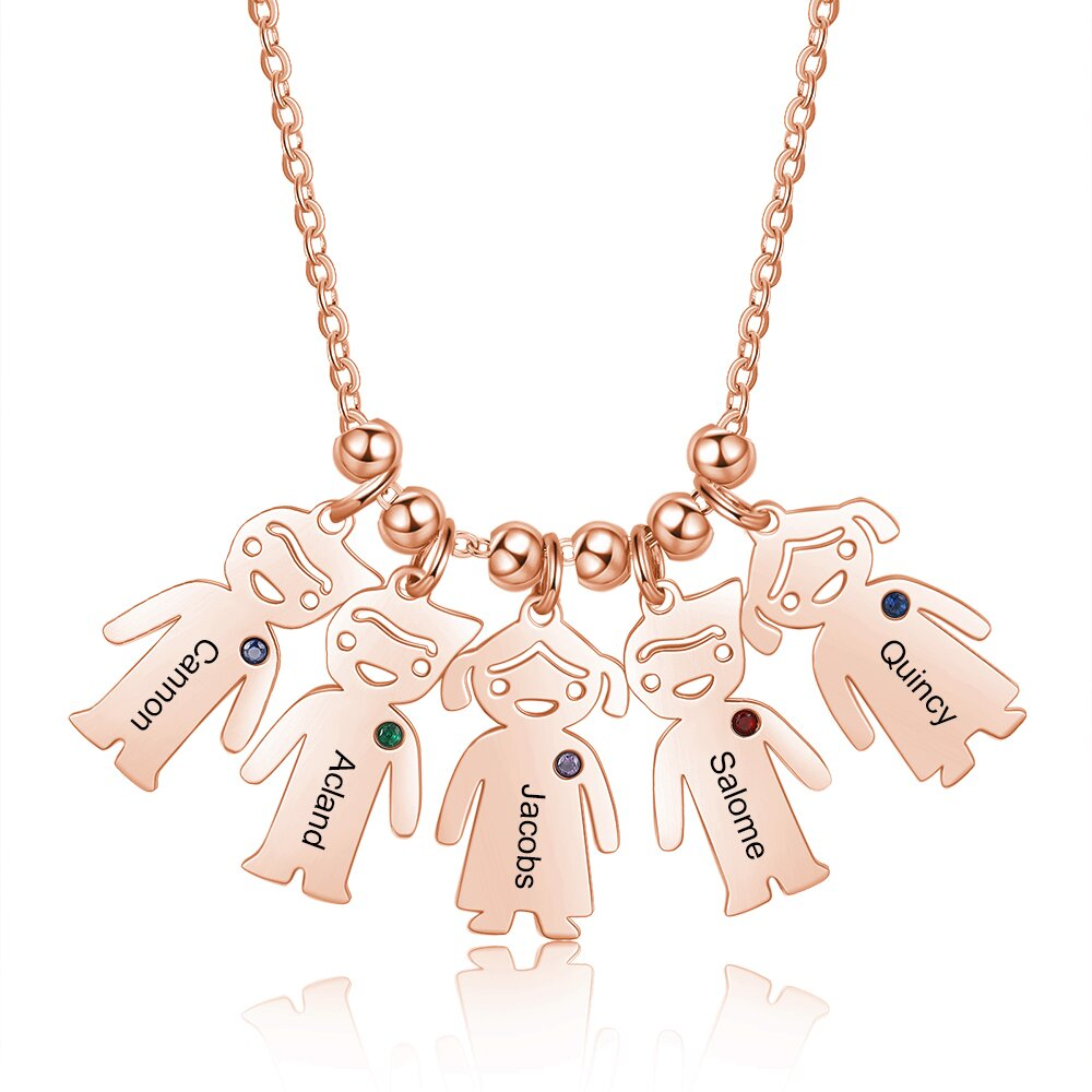 Personalised Kids Charm Necklace With 5 Birthstones Engraved Names Gift For Mother-Jessemade AU