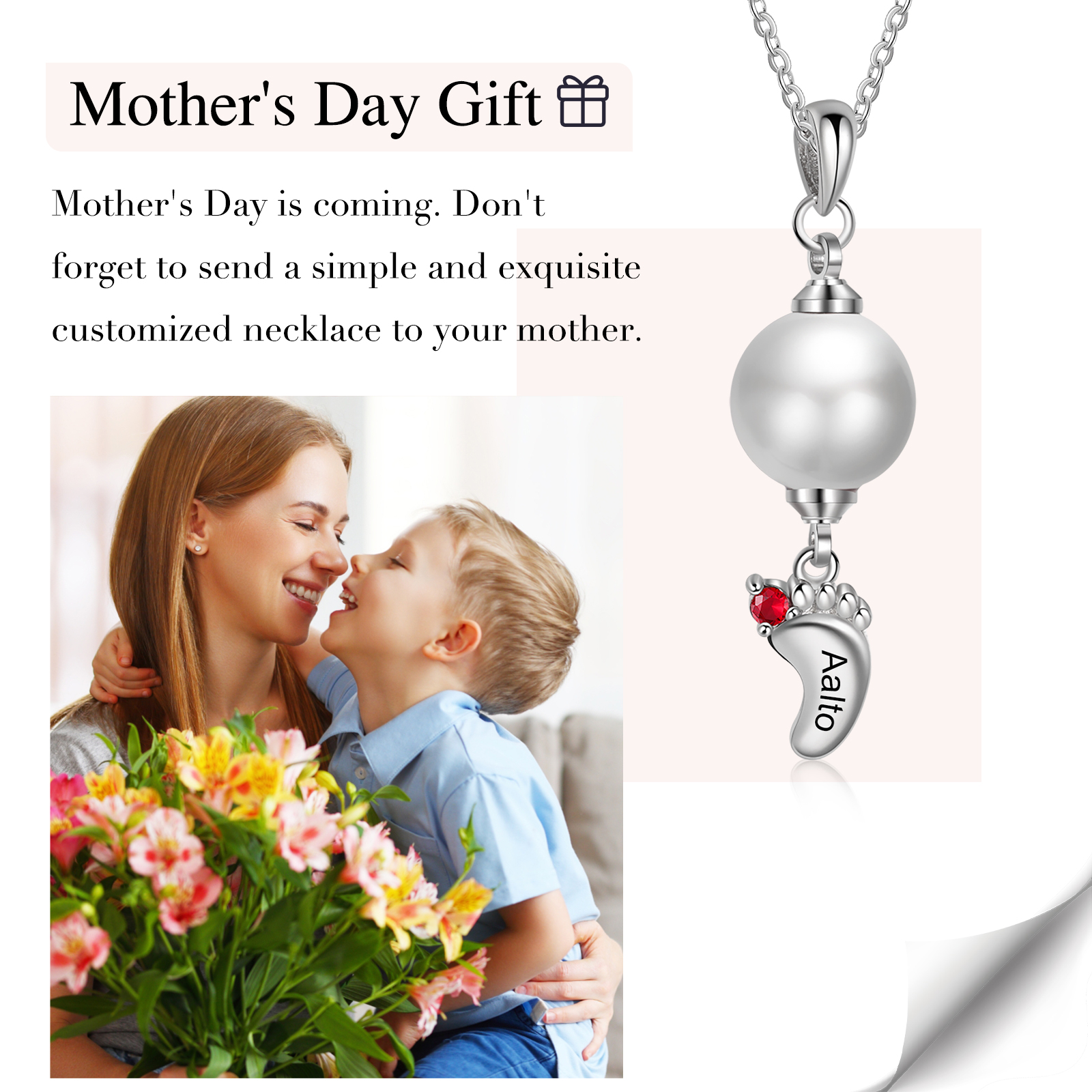 Personalised Baby Feet Pearl Necklace Custom 1 Name & Birthstone Mother Necklace-Jessemade AU