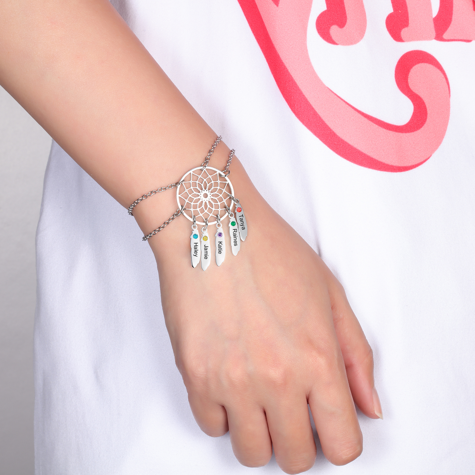 Personalised Dream Catcher Necklace With 5 Birthstones Engraved Names Gift For Women-Jessemade AU