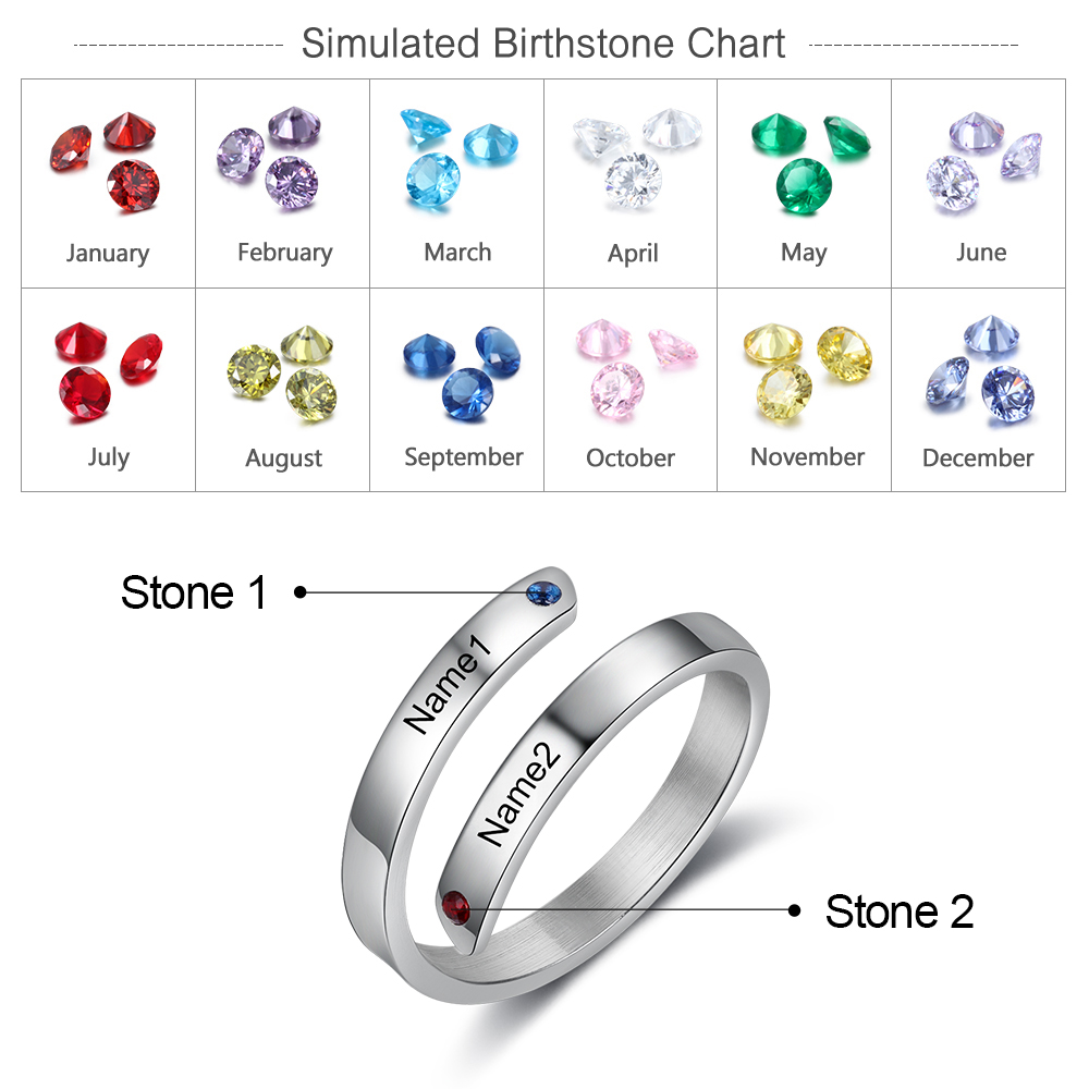 Personalised Mother Ring With 2 Birthstones Engraved Names Ring Gift For Women-Jessemade AU