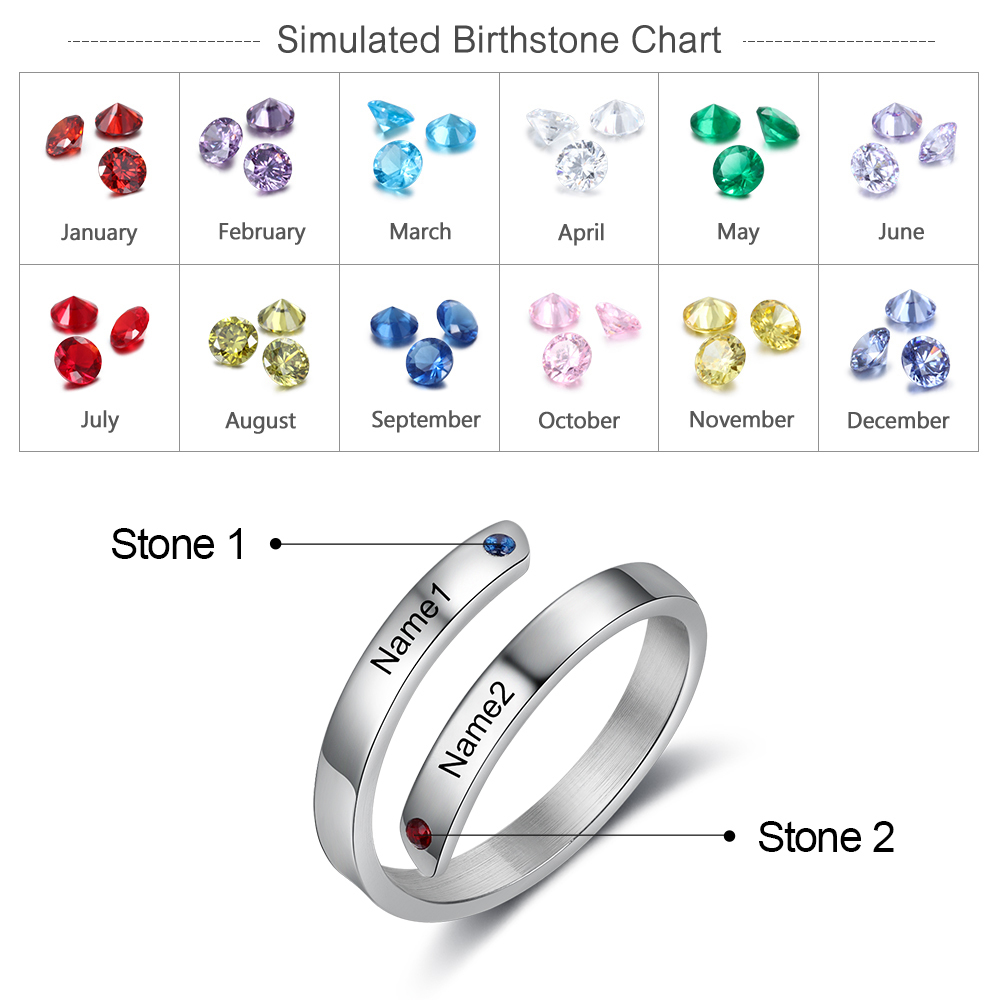 Personalised Mother Ring With 2 Birthstones Engraved Names Ring Gift For Women-Jessemade AU