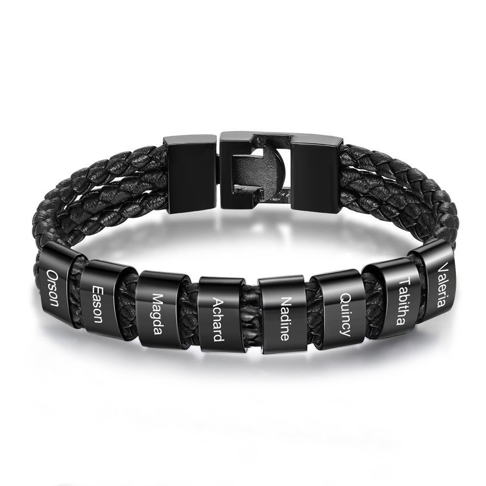 Personalised Braided Leather Bracelet Engraved 8 Names Men's Bracelet Gifts For Him-Jessemade AU