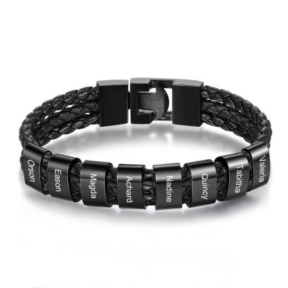 Personalised Braided Leather Bracelet Engraved 8 Names Men's Bracelet Gifts For Him-Jessemade AU