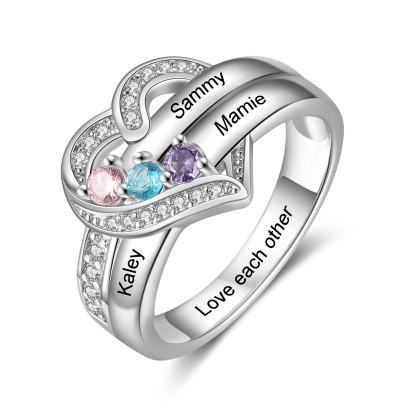 S925 Silver Personalised Mother Ring with 3 Birthstones Heart Family Ring-Jessemade AU