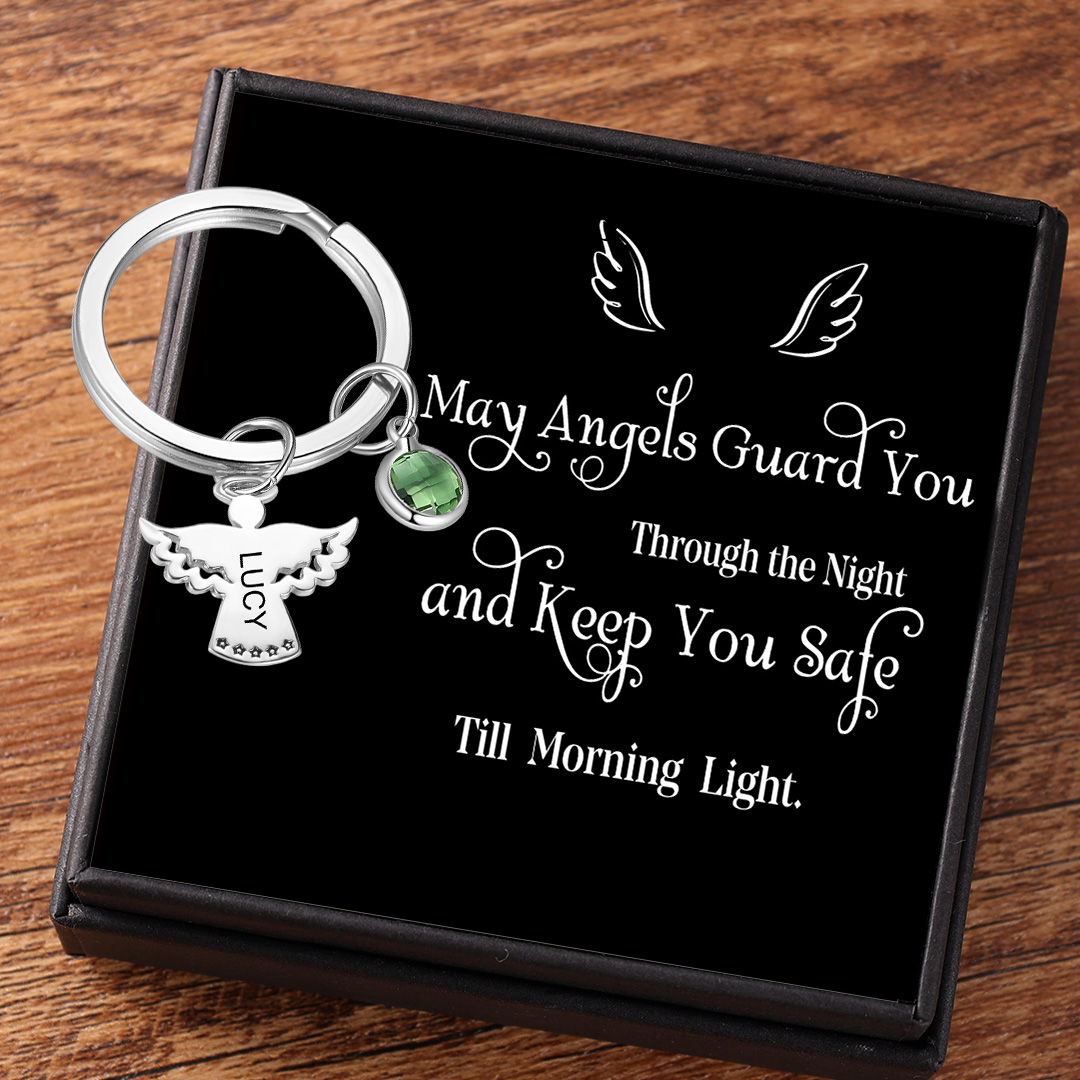Personalised Guardian Angel Keychain Customised Name & Birthstone Stainless Steel Keyring Special Gift-Jessemade AU