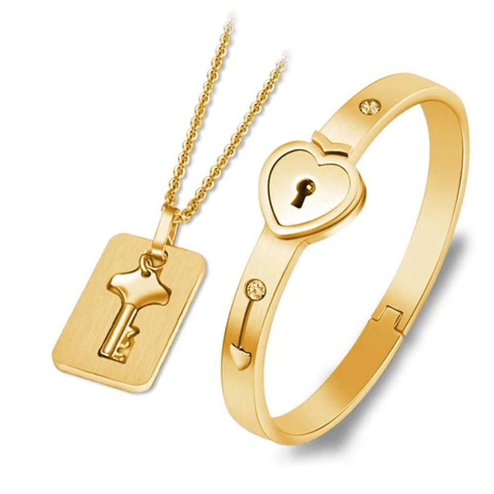 Key to My Heart Couple Key Necklace and Love Lock Bracelet Set-Jessemade AU