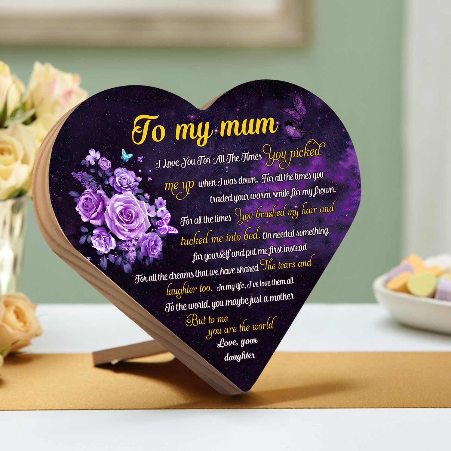 To My Mum Wooden Flowers Heart Keepsake Desktop Ornament Mothers Gifts-Jessemade AU