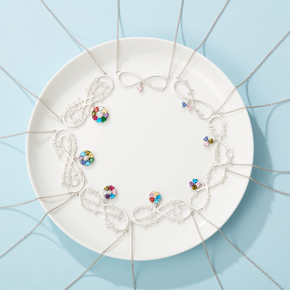 Personalised Infinity Necklace With 7 Birthstones Engraved Names Necklace Gift For Women-Jessemade AU