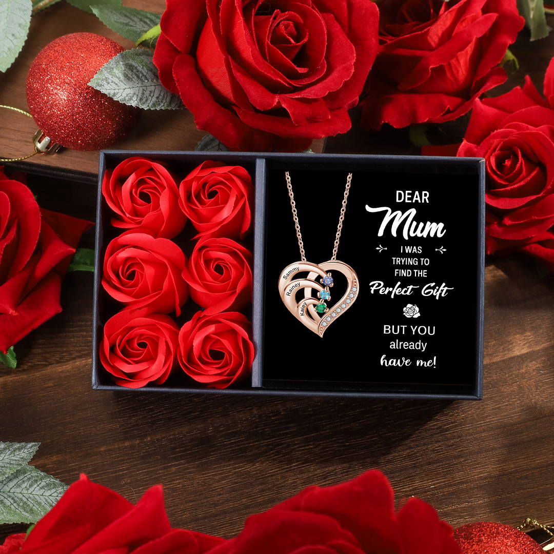 Personalised Mother Necklace Engraved 3 Names 3 Birthstone Intertwined Heart Pendant