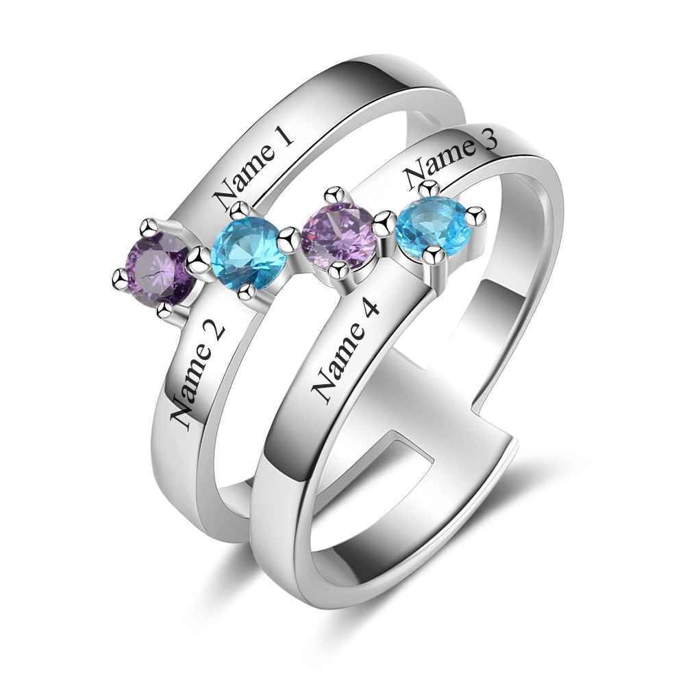 S925 Silver Ring Personalised 4 Birthstones Mothers Ring With Names Gifts For Her-Jessemade AU