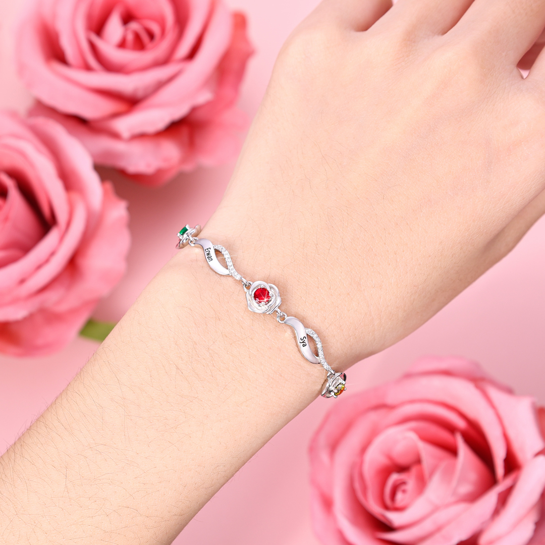2 Names - Personalised Rose Bracelet Custom Names & Birthstones Adjustable Bracelet Gifts for Her-Jessemade AU