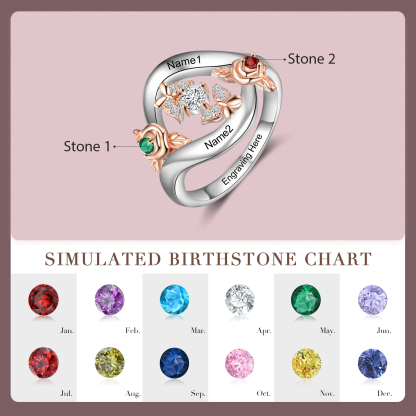 Personalised Rose Ring With 2 Birthstones Engraved Names Ring Gift For Women-Jessemade AU