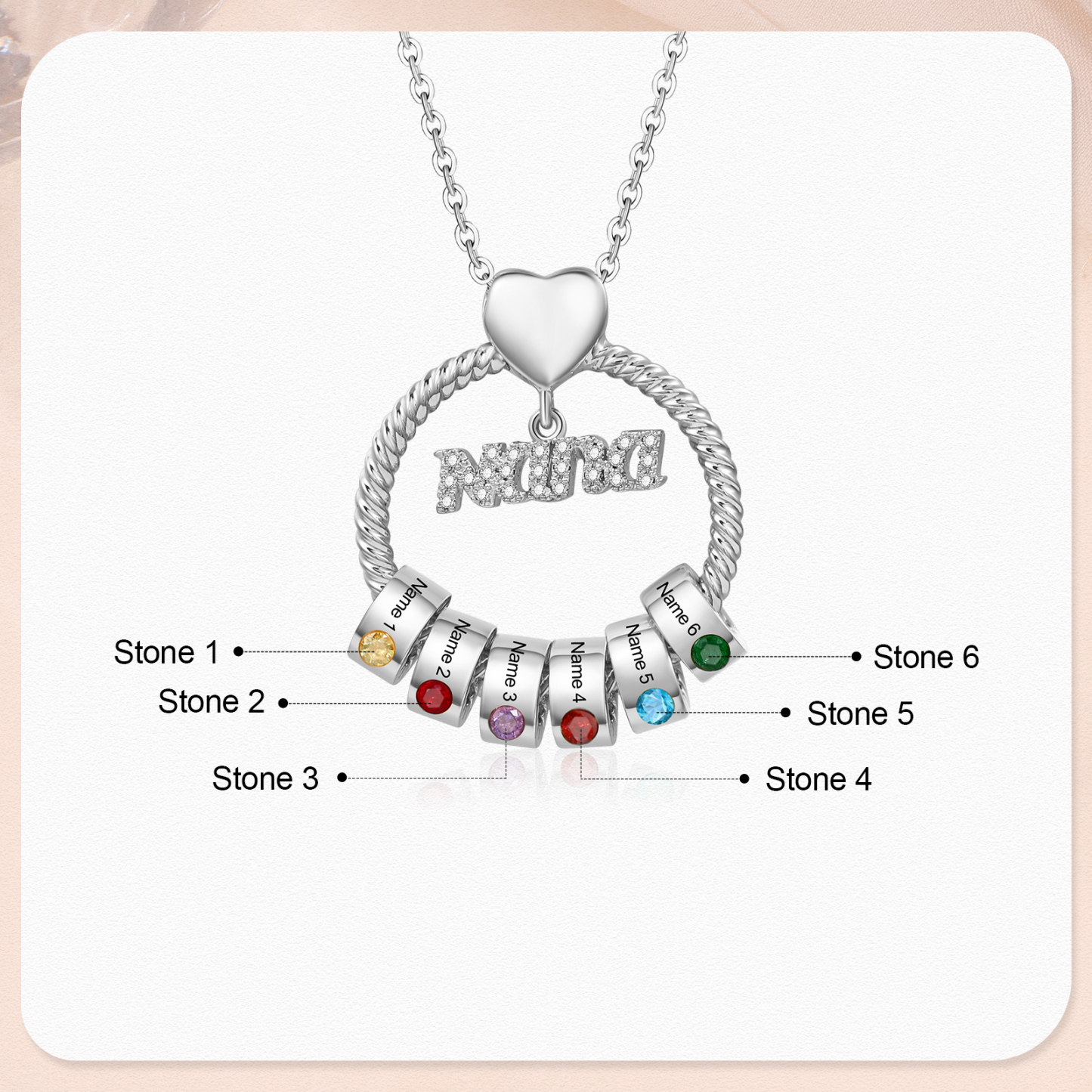 6 Names - Personalised Nana Necklace Custom Names & Birthstones Circle Pendant Necklace Gift for Grandma Nana-Jessemade AU