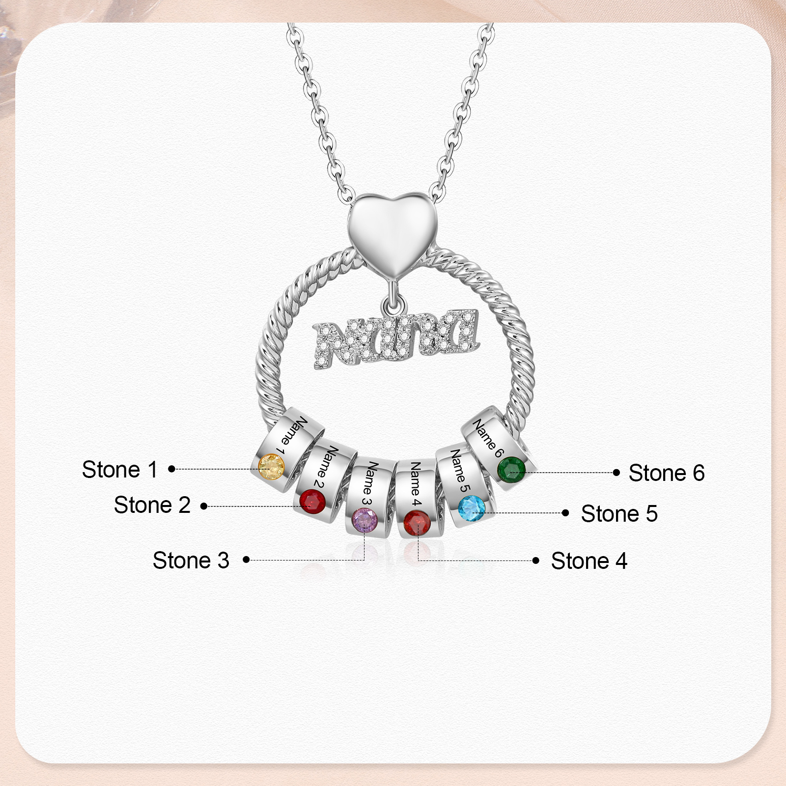 6 Names - Personalised Nana Necklace Custom Names & Birthstones Circle Pendant Necklace Gift for Grandma Nana-Jessemade AU