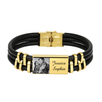 Personalised Leather Bracelet Custom Photo Initial ID Bar Men's Bracelet Bangle Gifts For Him-Jessemade AU