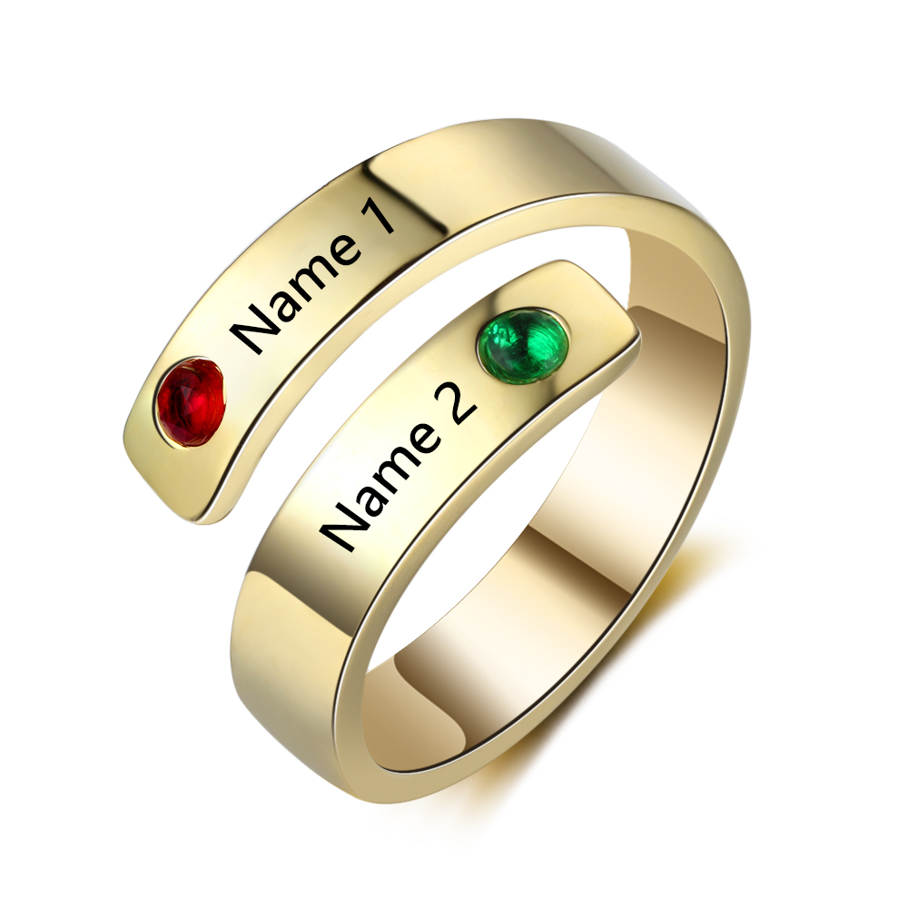 Personalised Ring With 2 Birthstones Engraved Names Ring Gift For Women-Jessemade AU