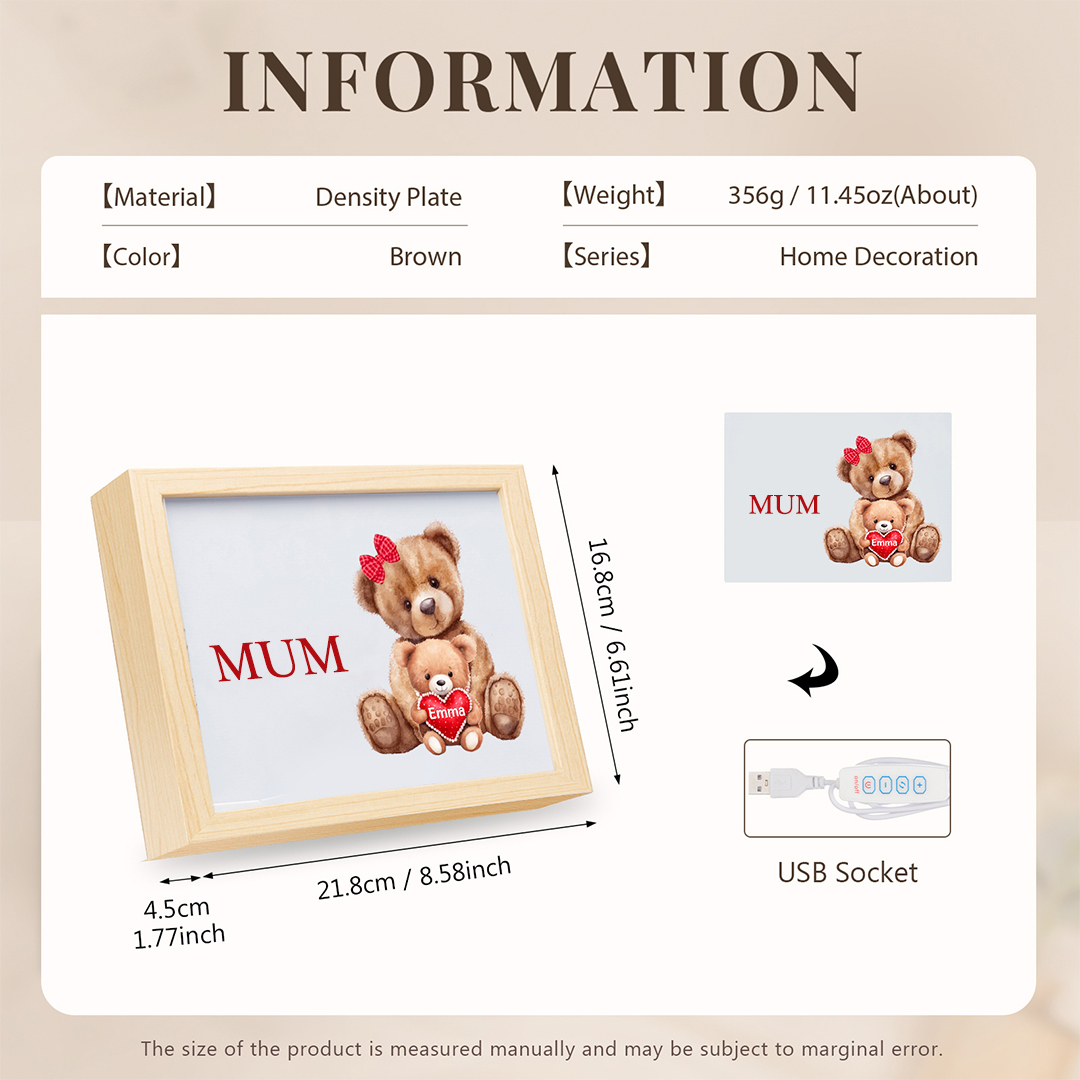 Personalised Frame Night Light Custom 1 Text  & 1 Name Teddy Bears Family Ornament Gifts for Mother/Grandma-Jessemade AU
