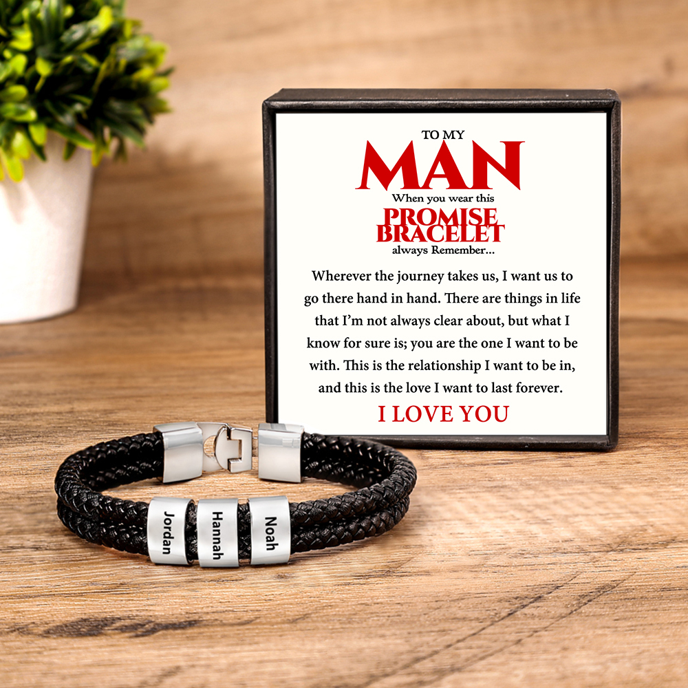 Personalised Braided Leather Bracelet Engraved 3 Names Men's Bracelet for Him-Jessemade AU