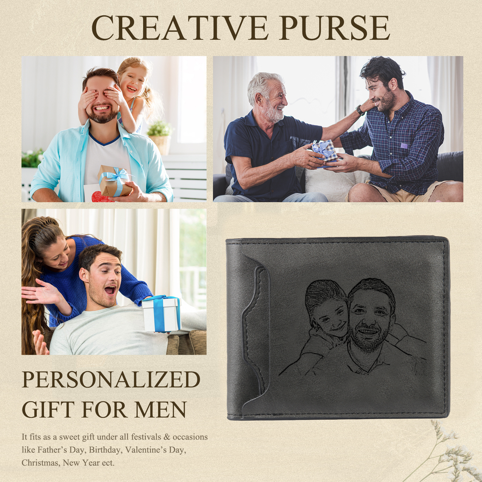 Personalised 2 Texts & 2 Photos & 1 Name & 1 Letter Gift Set Custom Wallet & Keychain & Pen Gift Box Set Father’s Day Gift-Jessemade AU