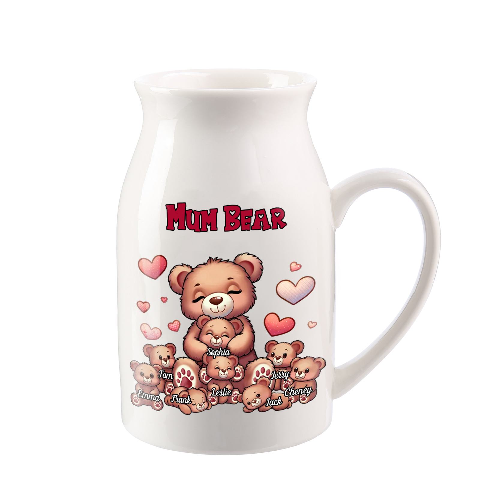 Personalised Ceramic Flower Vase Custom 2–8 Names & 1 Text Bear Family Vase Gift for Mother/Grandma-Jessemade AU