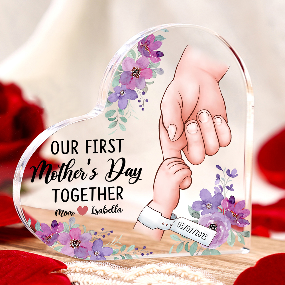 Our First Mother's Day Together - Personalised Date Acrylic Heart Keepsake Holding Hands Custom 2 Names Ornaments-Jessemade AU