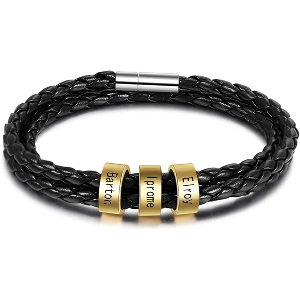 Father's Day Gift Men Braided Leather Bracelets with 3 Beads Bracelet Gifts for Him-Jessemade AU