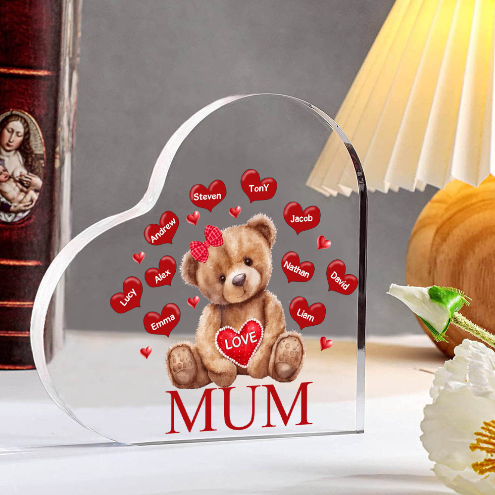 10 Names - Personalised Acrylic Heart Keepsake Custom 2 Texts Teddy Bear Ornaments Gifts for Grandma/Mother-Jessemade AU