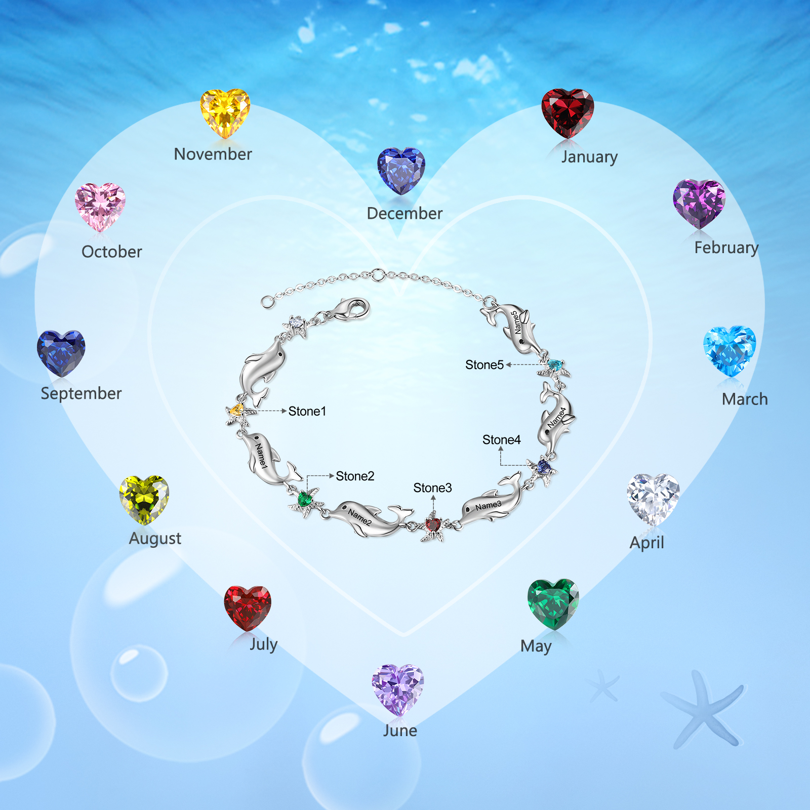 Animal Bracelet Personalised Dolphin Bracelet With 5 Birthstones Engraved Names Starfish Charm Gifts For Her-Jessemade AU