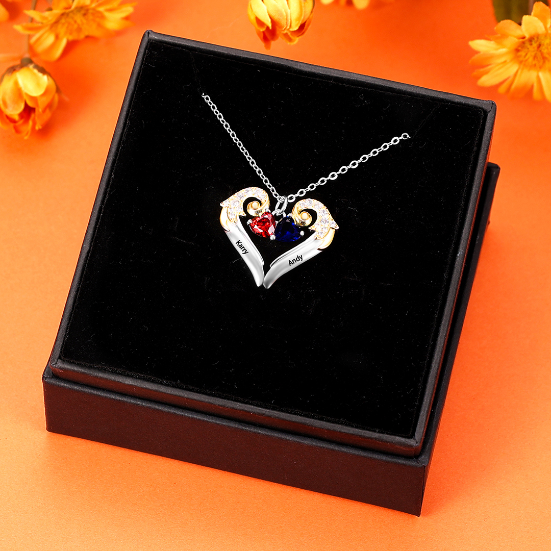 Personalised Heart Wings Necklace With 2 Birthstones Engraved Names Best Gift For Her-Jessemade AU