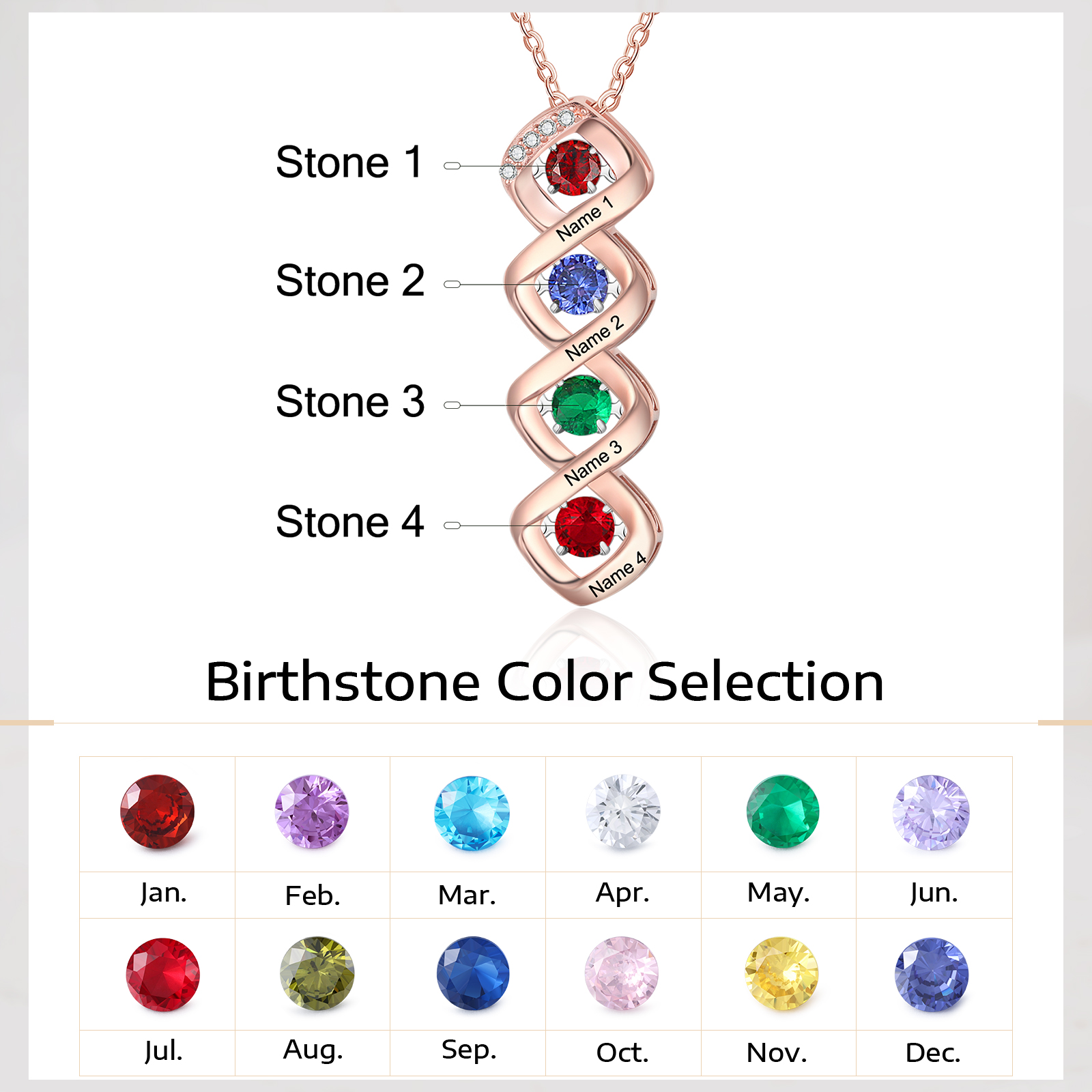 Custom Family Necklace with 4 Birthstones Engraving Names Dancing Stone Necklace-Jessemade AU