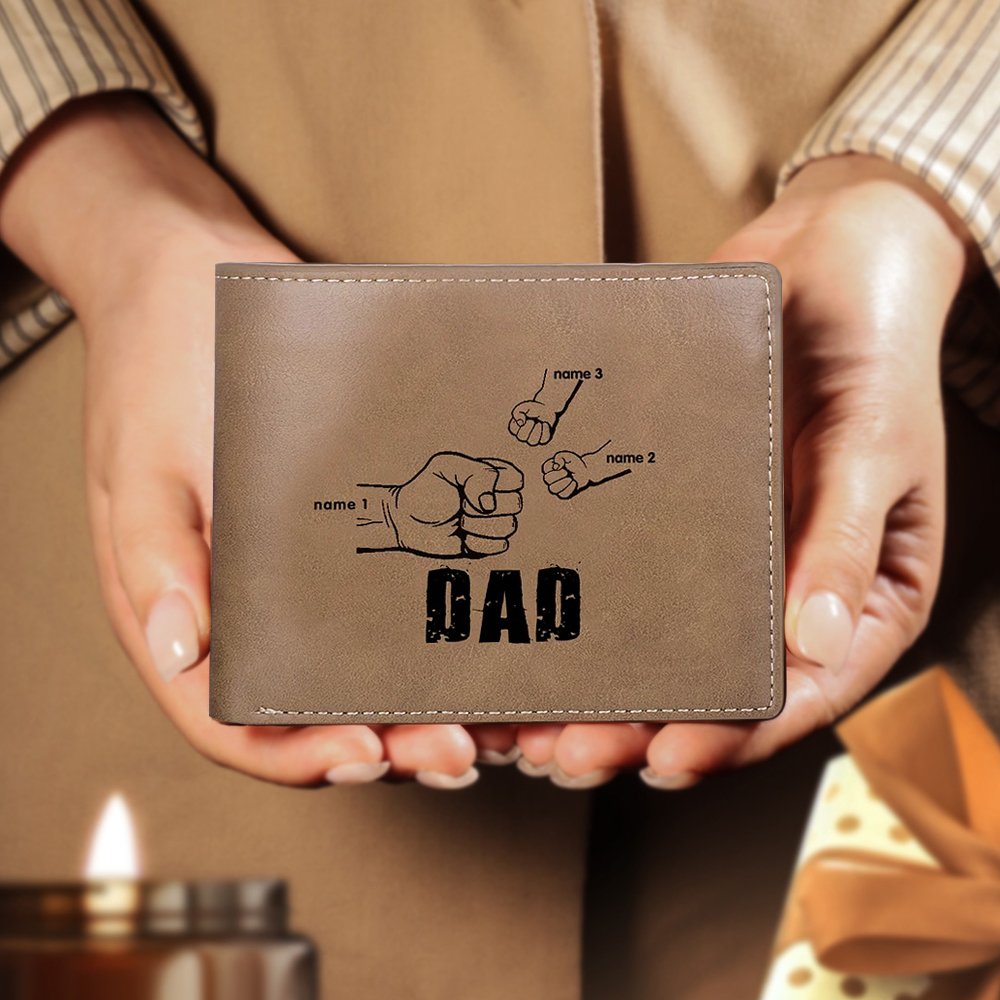 Personalised Leather Mens Wallet Engraved 3 Names Fist Bump Folding Wallet Father's Day Gifts-Jessemade AU