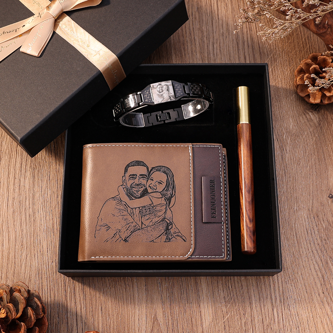Personalised 2 Photos & 1 Text Gift Set Custom Wallet & Bracelet & Pen Gift Box Set Father’s Day Gift for Him-Jessemade AU